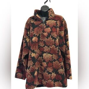 Vintage Autumn Leaf Pattern Sherpa Pullover - Black with Rust & Gold Leaves